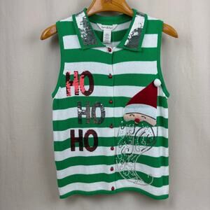 Sophia Jayne Green White Stripe Sequin Ho Ho Santa Christmas Sweater Vest Small